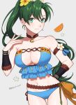  1girl ass_visible_through_thighs bikini blue_bikini breasts cleavage closed_mouth collarbone commentary earrings fingernails fire_emblem fire_emblem:_the_blazing_blade fire_emblem_heroes food frilled_bikini frills fruit green_eyes green_hair grey_background hand_on_hip highres jewelry large_breasts long_hair looking_at_viewer lyn_(fire_emblem) lyn_(summer)_(fire_emblem) navel official_alternate_costume orange_(fruit) orange_slice peach11_01 ponytail simple_background smile solo stomach swimsuit twitter_username very_long_hair 