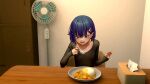  1girl as109 blue_hair blush collarbone eating electric_fan food hair_ornament hairclip highres holding holding_spoon indoors mole mole_under_eye original plate red_eyes rice short_hair sitting solo spoon table tissue_box 