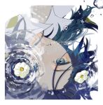  1boy blue_hair flower grey_eyes hair_between_eyes hair_strand highres ichigosaaaan kimetsu_no_yaiba long_hair looking_at_viewer male_focus parted_lips ripples shirt solo submerged tomioka_giyuu twitter_username upside-down water white_background white_flower white_shirt 