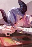  1girl bangs blurry blush braid closed_mouth collared_shirt commentary_request demon_horns depth_of_field food grey_hair hair_between_eyes head_rest highres holding holding_food holding_pocky hololive horns la+_darknesss long_hair long_sleeves looking_at_object motoi_(croa76) multicolored_hair pocky pocky_day pointy_ears purple_hair shirt slit_pupils solo streaked_hair striped_horns swept_bangs upper_body virtual_youtuber yellow_eyes 