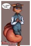  absurd_res aiden_(oode_henti) anthro blue_clothing blue_eyes blue_jacket blue_topwear blush blush_lines bottomwear brother brown_body brown_ears canid canine clenched_teeth clothed clothing english_text eyelashes fingers fox front_view fur generation_1_pokemon grey_bottomwear grey_clothing grey_pants hair hat headgear headwear hi_res jacket looking_down male mammal nervous nintendo oode_henti pants pins pokemon pokemon_(species) red_body red_fur red_hair red_tail shorts shy sibling simple_background solo speech_bubble standing stepbrother teeth text three-quarter_view topwear torn_clothing video_games vulpix 