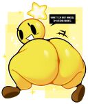  big_butt black_eyes butt clothing ekkokenight english_text female footwear hi_res huge_butt humanoid looking_at_viewer looking_back mario_and_luigi_(series) mario_bros nintendo nude open_mouth question_mark shoes solo starlow text thick_thighs video_games wide_hips yellow_body 