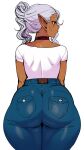  1girl ass back black_choker choker dark-skinned_female dark_elf dark_skin denim elf elf-san_wa_yaserarenai. from_behind grey_hair high-waist_pants huge_ass jeans kuroeda-san looking_to_the_side mole mole_under_eye pants pointy_ears ponytail solo synecdoche thick_thighs thighs 