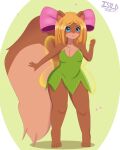  2021 accessory anthro big_tail blonde_hair blue_eyes blush brown_body brown_fur brown_tail closed_smile clothed clothing dated female front_view full-length_portrait fur glistening glistening_eyes green_clothing hair hair_accessory hair_ribbon hi_res isyld looking_at_viewer mammal mouth_closed pink_ribbon portrait ribbons rodent sciurid shadow signature simple_background solo standing tan_body tan_fur tan_tail 