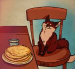  ambiguous_gender belly blini_cat canid canine chair feral food fox fur furniture looking_at_viewer mammal meme pancake quadruped red_body red_fur sineki smile solo table white_belly 