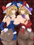  2girls absurdres alternate_color animal_ears ass ass_grab blonde_hair blue_bow blue_bowtie blue_gloves blue_leotard blue_ribbon bow bowtie breast_press breasts bright_pupils checkered_background clone crossed_legs detached_collar elbow_gloves fake_animal_ears fake_tail frilled_gloves frills from_behind gloves grabbing_own_ass hair_between_eyes half-closed_eyes hat heart highres huge_ass kana_anaberal large_breasts leotard looking_at_viewer looking_back medium_hair mole mole_on_cheek mole_under_eye multiple_girls naughty_face open_mouth pantyhose playboy_bunny rabbit_ears rabbit_tail red_background red_gloves red_leotard red_ribbon ribbon seductive_smile smile symmetrical_docking tail touhou touhou_(pc-98) traditional_bowtie undersized_breast_cup washiwa white_headwear white_pupils wrist_cuffs yellow_eyes 