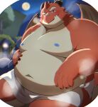  anthro bathing belly blush claws dragon hi_res horn hot_spring looking_at_viewer male metaporin navel nipples oumi_(tamacolle) overweight red_body scar solo steam tamacolle towel water wings 
