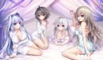  4girls :3 absurdres ahoge amatsuji aqua_dress arm_support ass back bangs bare_legs bare_shoulders barefoot bed bed_sheet black_hair blue_eyes blue_hair blunt_bangs blush bow breasts brown_hair canopy_bed cleavage clenched_hands collar collarbone crossed_legs dot_nose dress eyebrows_hidden_by_hair eyelashes frilled_dress frills fringe_trim full_body furrowed_brow grey_hair hair_between_eyes hair_intakes hair_over_shoulder hand_on_own_arm hand_on_own_foot hand_on_own_knee highres holding_own_arm holding_own_foot kneeling kousaka_haruka kujou_miyako kyokugen_dasshutsu kyokugen_dasshutsu:_9_jikan_9_nin_9_no_tobira large_breasts leaning_to_the_side legs_up long_hair long_legs long_sleeves looking_at_viewer loungewear lying multiple_girls naked_shirt niimi_sora off_shoulder on_stomach open_mouth purple_eyes purple_ribbon red_eyes ribbon sample_watermark shadow shirt short_hair_with_long_locks sidelocks sleeves_past_wrists small_breasts smile spiked_hair thighs v-shaped_eyebrows very_long_hair wavy_hair white_bow white_collar white_shirt yuuki_noa 