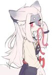  2022 anthro asian_clothing blush clothed clothing crayon_(artist) east_asian_clothing female fully_clothed fur grey_body grey_fur hair hi_res inner_ear_fluff kemono long_hair looking_at_viewer mammal mouth_hold red_eyes simple_background solo standing tuft white_background white_body white_fur white_hair 