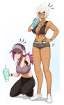  2girls abs absurdres ahoge airisubaka armband artist_name bare_shoulders baseball_cap belt bikini bikini_under_clothes black_bikini black_pants blue_eyes brain_freeze breasts clenched_teeth closed_eyes commentary constricted_pupils cup dark-skinned_female dark_skin disposable_cup drawstring drinking drinking_straw english_commentary full_body grey_shorts hand_on_hip hand_on_own_head hat highres hood hood_down jewelry large_breasts leah_(airisubaka) leona_(airisubaka) long_hair midriff multiple_girls muscular muscular_female navel necklace one_eye_closed original pants ponytail purple_hair shirt shoes short_hair short_shorts shorts signature simple_background sleeveless sleeveless_shirt squatting standing swimsuit teeth watch white_background white_footwear white_hair wince wristwatch 