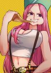  1girl aosora2823 belt_buckle breasts buckle cleavage crumbs eating food green_headwear highres holding holding_food holding_pizza jewelry_bonney large_breasts lipstick long_hair makeup midriff navel one_piece pink_hair pizza purple_eyes smile suspenders tank_top twitter_username white_tank_top 