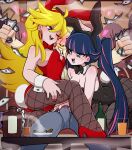  1boy 2girls alcohol alternate_hairstyle animal_ears ass bare_shoulders bent_over black_leotard blonde_hair blue_eyes breasts bulge cleavage crotch_grab detached_collar earrings erection erection_under_clothes fake_animal_ears fake_tail fingernails fishnets green_eyes hand_on_another&#039;s_crotch hetero high_heels highres hoop_earrings jewelry leg_up leotard long_hair medium_breasts merunyaa money money_rain multicolored_hair multiple_girls nail_polish naughty_face panty_&amp;_stocking_with_garterbelt panty_(psg) pantyhose playboy_bunny prostitution rabbit_ears rabbit_tail red_leotard stocking_(psg) strapless strapless_leotard tail twintails two-tone_hair wrist_cuffs 