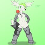  1:1 andromorph anthro antlers confident cybernetic_arm cybernetic_leg cybernetic_limb cybernetics cyborg dog_tags fan_character flat_chested generation_4_pokemon genitals green_eyes gun hair head_tuft hi_res holding_gun holding_object holding_weapon horn intersex intersex/male jewelry legendary_pokemon looking_at_viewer machine male necklace ninjatreecko nintendo nude pokemon pokemon_(species) pokemorph pussy ranged_weapon shaymin simple_background sky_forme_shaymin solo submachine_gun trigger_discipline tuft video_games weapon white_body 
