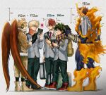  5boys :d absurdres ankle_boots annoyed arm_at_side armor backpack bag bakugou_katsuki bangs black_gloves blank_eyes blazer blonde_hair blue_bodysuit blue_eyes blurry bodysuit boku_no_hero_academia book boots briefcase brown_footwear burn_scar buttons closed_mouth collared_shirt comparison cross-laced_footwear depth_of_field dotted_line double_horizontal_stripe endeavor_(boku_no_hero_academia) eye_contact feathered_wings feathers film_grain fire forked_eyebrows freckles from_side full_body fur-trimmed_jacket fur-trimmed_sleeves fur_trim gloves green_eyes green_hair green_pants grey_background grey_eyes hair_between_eyes hand_up hands_up happy hawks_(boku_no_hero_academia) headphones height_chart height_difference heterochromia highres holding holding_book holding_briefcase jacket long_sleeves looking_at_another male_focus midoriya_izuku multicolored_clothes multicolored_hair multicolored_scarf multiple_boys muscular muscular_male orange_scarf pants parted_lips pocket profile red_footwear red_hair red_wings scar scar_on_face scar_on_hand scarf school_uniform sennen_suisei shirt shoes short_hair shoulder_armor skin_tight smile sneakers sparkle speech_bubble spiked_hair split-color_hair spoken_squiggle squiggle standing straight_hair striped striped_scarf tinted_eyewear todoroki_shouto two-tone_hair u.a._school_uniform vambraces white_hair white_shirt wing_collar wings yellow-tinted_eyewear yellow_bag yellow_footwear yellow_pants 