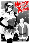  1boy 1girl bald belt bow_choker breasts christmas cleavage commentary_request dress elbow_gloves facial_hair fake_beard fake_facial_hair fubuki_(one-punch_man) gloves greyscale hand_on_hip hat highres holding holding_sack kiyosumi_hurricane large_breasts looking_at_viewer merry_christmas monochrome mustache one-punch_man panties pantyshot sack saitama_(one-punch_man) santa_costume santa_hat short_dress short_hair smile solo_focus spot_color strapless strapless_dress thighhighs underwear 