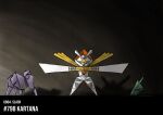  absurdres blacknirrow character_name commentary dark english_commentary english_text full_body gradient gradient_background grey_background highres kartana no_humans origami paper pokedex_number pokemon pokemon_(creature) simple_background solo standing straight-on 