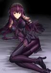  1girl absurdres bangs bodysuit breasts eyebrows_hidden_by_hair fate/grand_order fate_(series) futa_yami gloves hair_between_eyes highres jewelry long_hair looking_at_viewer lying purple_gloves purple_hair reaching red_eyes scathach_(fate) smile solo veil 