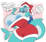  big_breasts breasts christmas christmas_clothing clothed clothing dialogue female fish hat headgear headwear holidays marine nonarycubed partially_clothed shark simple_background solo 