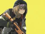  1girl agent_vector_(girls&#039;_frontline) commentary crossover emblem english_commentary firefighter firefighter_jacket girls&#039;_frontline gun holding holding_gun holding_weapon jacket kanoe_(kanoe502) kriss_vector new_york_city_fire_department official_alternate_costume scarf solo submachine_gun tom_clancy&#039;s_the_division watch weapon woollen_cap wristwatch 