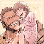  1boy 1girl bangs barret_wallace beard blush border brown_hair closed_eyes dark-skinned_male dark_skin dated dress facial_hair father_and_daughter final_fantasy final_fantasy_vii final_fantasy_vii_remake hand_on_another&#039;s_chin happy_birthday highres lower_teeth marlene_wallace nnnmmg0725 open_mouth pink_dress puffy_short_sleeves puffy_sleeves scar scar_on_cheek scar_on_face short_hair short_sleeves sitting_on_shoulder smile teeth upper_body upper_teeth very_short_hair yellow_background 