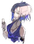  1girl alternate_costume angelia_(girls&#039;_frontline) bangs blue_dress blue_hair blueblossom breasts closed_mouth cup dress drinking_glass english_commentary girls&#039;_frontline glass grey_eyes grey_hair highres holding holding_cup light lips looking_at_viewer medium_breasts medium_hair multicolored_hair scar scar_on_chest scar_on_face short_ponytail sidelocks solo streaked_hair upper_body white_background wine_glass 