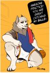  absurd_res anthro ball basketball_(ball) bodily_fluids canid canine clothed clothing crouching cum cum_drip dripping genital_fluids hi_res male mammal musk one_eye_closed paws peeking_penis simple_background solo sweat sweatdrop terryskaii_(artist) text towel_on_shoulder wink 