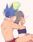  2boys androgynous bangs blush galo_thymos green_hair highres hug kome_1022 lio_fotia male_focus multiple_boys muscular muscular_male promare shirt sidecut size_difference spiked_hair sweat underwear yaoi 