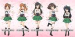  5girls :d ;) adapted_costume ahoge akiyama_yukari bangs black_eyes black_footwear black_hair black_ribbon blunt_bangs boots brown_eyes brown_hair character_name closed_mouth commentary_request confetti cross-laced_footwear girls_und_panzer girls_und_panzer_senshadou_daisakusen! green_skirt hairband half-closed_eyes hat highres idol interlocked_fingers isuzu_hana lace-up_boots layered_skirt leg_up long_hair looking_at_viewer messy_hair miniskirt multiple_girls neck_ribbon nishizumi_miho official_alternate_costume official_art one_eye_closed one_side_up open_mouth orange_eyes orange_hair own_hands_together parted_lips pink_background pink_ribbon pleated_skirt pointing pointing_at_self reaching_towards_viewer reizei_mako ribbon sailor_collar sailor_hat shirt short_hair single_thighhigh skirt sleeveless sleeveless_shirt smile standing standing_on_one_leg star_(symbol) takebe_saori thighhighs tilted_headwear translated watermark waving white_hairband white_headwear white_sailor_collar white_shirt white_thighhighs wrist_cuffs 