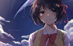  1girl bangs black_hair blue_sky blush bow bowtie brown_eyes cloud collared_shirt commentary copyright_name crying crying_with_eyes_open hair_ribbon hairband kimi_no_na_wa. looking_at_viewer miyamizu_mitsuha muuta04 negative_space red_bow red_bowtie red_hairband red_ribbon ribbon sad_smile school_uniform shirt short_hair sky smile solo star_(sky) starry_sky sweater_vest tears upper_body vest white_shirt yellow_sweater_vest yellow_vest 