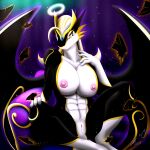  2021 abs anthro anus areola barefoot barely_visible_anus big_breasts black_body black_feathers bludraconoid breasts clitoris curvy_figure dragon feathered_dragon feathered_wings feathers feet female genitals halo hi_res multicolored_body multicolored_eyes muscular muscular_female naiyah_(bludraconoid) navel nipples nude pussy sitting solo two_tone_body voluptuous white_body wings 