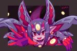  1girl artist_name bare_shoulders blush_stickers chaoschao choker colored_sclera desco_(disgaea) disgaea english_commentary extra_eyes fourth_wall gloves hair_between_eyes horns jingle_bell_earrings open_mouth pointy_ears purple_choker purple_hair purple_sleeves reaching_towards_viewer red_eyes red_gloves red_horns sharp_teeth short_hair slit_pupils smile solo teeth tentacles upper_body upper_teeth yellow_sclera 
