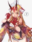  ! 1girl animal_on_head bare_shoulders blonde_hair body_markings breasts cat cat_on_head claw_pose cowboy_shot facial_mark fang fate/grand_order fate_(series) fingernails forehead_mark highres horns ibaraki_douji_(fate) japanese_clothes kimono long_hair looking_at_viewer miv4t off_shoulder on_head oni oni_horns open_mouth pointy_ears sharp_fingernails short_kimono simple_background small_breasts spoken_exclamation_mark teeth very_long_hair white_background white_cat yellow_eyes yellow_kimono 
