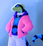  ambiguous_gender anthro blue_background blue_eyes bottomwear clothing collar elapid_(snake) fazian_(featherfall) featherfall hi_res hoodie original_characters reptile scalie sea_snake shorts simple_background snake solo topwear 
