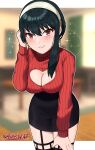  1girl absurdres adjusting_hair bangs black_hair black_skirt blurry blurry_background blush breasts cleavage cleavage_cutout clothing_cutout earrings garter_straps groin hand_on_own_leg heart_cutout highres jewelry leaning_forward lips looking_at_viewer medium_breasts parted_lips pencil_skirt red_eyes sarukaiwolf sidelocks skirt smile solo sparkle spy_x_family teeth thighhighs thighs watermark yor_briar 