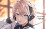  1boy bangs blonde_hair blue_eyes blurry blurry_background braid collared_shirt dated english_text hair_between_eyes hair_ornament hairpin happy_birthday headphones holding holding_headphones jacket kaida_haru nijisanji shinyo_yukino shirt short_hair tsurime window wire wrist_cuffs 