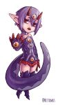  1girl arm_up bare_shoulders boots choker colored_sclera desco_(disgaea) detached_sleeves disgaea dress english_commentary english_text extra_eyes female_child gloves hair_between_eyes head_tilt horns jingle_bell_earrings looking_at_viewer monster_girl open_mouth pointy_ears purple_choker purple_dress purple_footwear purple_hair purple_sleeves red_eyes rettomus sharp_teeth short_hair simple_background slit_pupils tail teeth thigh_boots twitter_username upper_teeth white_background yellow_sclera 