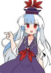  1girl blue_dress blue_hair blue_headwear blush collarbone dress hat index_finger_raised ini_(inunabe00) kamishirasawa_keine long_hair looking_at_viewer open_mouth red_eyes short_sleeves simple_background smile solo tokin_hat touhou upper_body white_background 