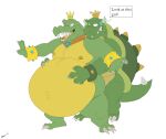  2022 anthro belly big_belly bodily_fluids canson cape claws clothing crocodilian crown donkey_kong_(series) duo fangs grabbing_from_behind green_body green_skin hands_on_belly hi_res horn jewelry king_k._rool king_koopa koopa kremling looking_back male mario_bros mostly_nude navel nintendo nipple_piercing nipples outie_navel overweight pecs piercing plantigrade reptile scalie sharp_teeth shell simple_background spiked_shell spiked_tail spikes spikes_(anatomy) sweat sweatdrop teeth thought_bubble video_games white_background yellow_body yellow_skin 