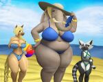  5:4 absurd_res alternate_version_at_source anthro aube_(foretales) ball beach beach_ball belly big_breasts black_body blonde_hair bodily_fluids bracelet braided_hair braided_tail breasts chubby_female clothed clothing coffeewithdicks ear_piercing ear_ring elephant elephantid equid equine eyes_closed female foretales grey_body group hair hand_fan hat headgear headwear hi_res horse inflatable isabeau_(foretales) jewelry lemur looking_away mammal markings mature_female multicolored_body necklace overweight overweight_female piercing primate proboscidean ring_piercing seaside size_difference skimpy skimpy_bikini slim small_breasts strepsirrhine sweat sweaty_legs sweaty_thighs sylvia_(foretales) thick_thighs trio two_tone_body video_games wide_hips 