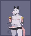  anthro brown_eyes chest_tuft chubby_male clothing didelphid erection fast_food food fries fur fur_markings genitals grey_body grey_fur head_tuft hi_res holding_food holding_object humanoid_genitalia humanoid_hands humanoid_penis long_tail male mammal markings marsupial navel nipples penis pink_nipples pink_nose rumbling_stomach saintbullart slightly_chubby smile solo tenting tuft underwear vein veiny_penis whiskers 