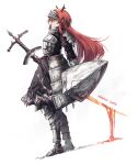  1girl absurdres alternate_costume arknights armor commentary english_commentary franlol from_side greatsword highres holding holding_shield holding_sword holding_weapon horns long_hair red_eyes red_hair shield shoulder_armor simple_background solo standing surtr_(arknights) sword weapon white_background 