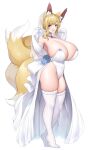  1girl absurdres animal_ears blonde_hair blue_eyes braid breasts bridal_veil dress fox_ears fox_girl fox_tail highres huge_breasts looking_at_viewer multiple_tails original revealing_clothes simple_background smile socks solo suruga_(xsurugax) tail thighhighs veil wedding_dress white_background white_socks 
