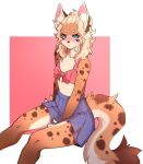  anthro blonde_hair blue_eyes bottomwear breasts brown_body clothing curls felid feline female hair long_tail mammal mary_(mojaloo) mojaloo skirt small_breasts solo 