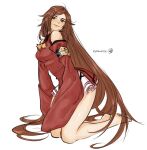  1girl artist_name bangs bare_shoulders barefoot breasts brown_eyes brown_hair china_dress chinese_clothes closed_mouth dress frills full_body guilty_gear guilty_gear_xrd hair_ornament hairclip highres irene_koh kneeling kuradoberi_jam lips long_hair looking_at_viewer pelvic_curtain shiny shiny_hair signature simple_background sleeves_past_wrists smile solo thighs toes white_background wide_sleeves 
