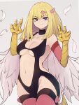  1girl bangs bare_shoulders bird_legs blonde_hair blue_eyes breasts cameltoe claws cleavage commentary_request duel_monster feathered_wings feathers hair_between_eyes hair_ornament harpie_girl harpy heart heart_hair_ornament highres long_hair medium_breasts monster_girl navel pink_feathers pink_thighhighs smile solo thighhighs underboob winged_arms wings yonaga_san yu-gi-oh! 