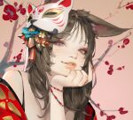  1girl animal_ears bangs black_hair blue_flower bracelet branch commentary dated_commentary english_commentary facial_mark fingernails flower fox_ears fox_girl fox_mask hand_on_own_chin highres japanese_clothes jewelry jung_wonjo kimono lips long_fingernails long_hair looking_at_viewer mask original parted_lips pink_background portrait purple_eyes red_flower red_kimono solo tassel teeth whisker_markings yellow_flower 