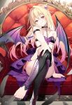  1girl armband bangs bare_shoulders black_nails blonde_hair blush breasts chain character_request cleavage collar copyright_request crossed_legs demon_girl demon_tail demon_wings hair_ornament long_hair looking_at_viewer red_eyes revealing_clothes ribbon riichu sitting smile solo tail thighhighs tongue tongue_out wings 