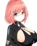  1girl absurdres bangs bantian_yindang black_leotard breasts grey_eyes highres honkai_(series) honkai_impact_3rd large_breasts leotard looking_at_viewer mask mouth_mask pink_hair short_hair short_sleeves simple_background solo timido_cute upper_body white_background 