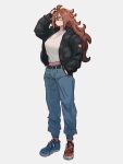  1girl android_21 asymmetrical_footwear belt breasts brown_hair dragon_ball dragon_ball_fighterz earrings full_body glasses hand_in_pocket hoop_earrings jewelry kemachiku long_hair long_sleeves messy_hair pants red_ribbon_army shirt shoes simple_background solo standing white_shirt 