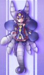  1girl bare_shoulders choker colored_sclera commentary desco_(disgaea) detached_sleeves disgaea dress extra_eyes female_child full_body gloves hachimitsuneco hair_between_eyes highres horns jitome looking_at_viewer open_mouth pointy_ears purple_background purple_dress purple_hair purple_sleeves purple_thighhighs red_eyes red_horns short_hair simple_background sleeves_past_wrists slit_pupils tail tentacles thighhighs yellow_sclera 